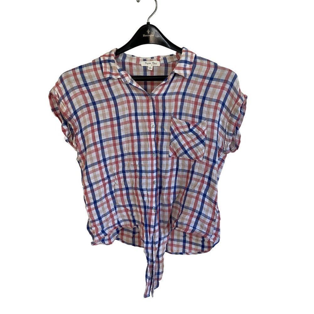 Byron Bay Womens Button-up Short Sleeve Top 100% Rayon Checkered MEDIUM